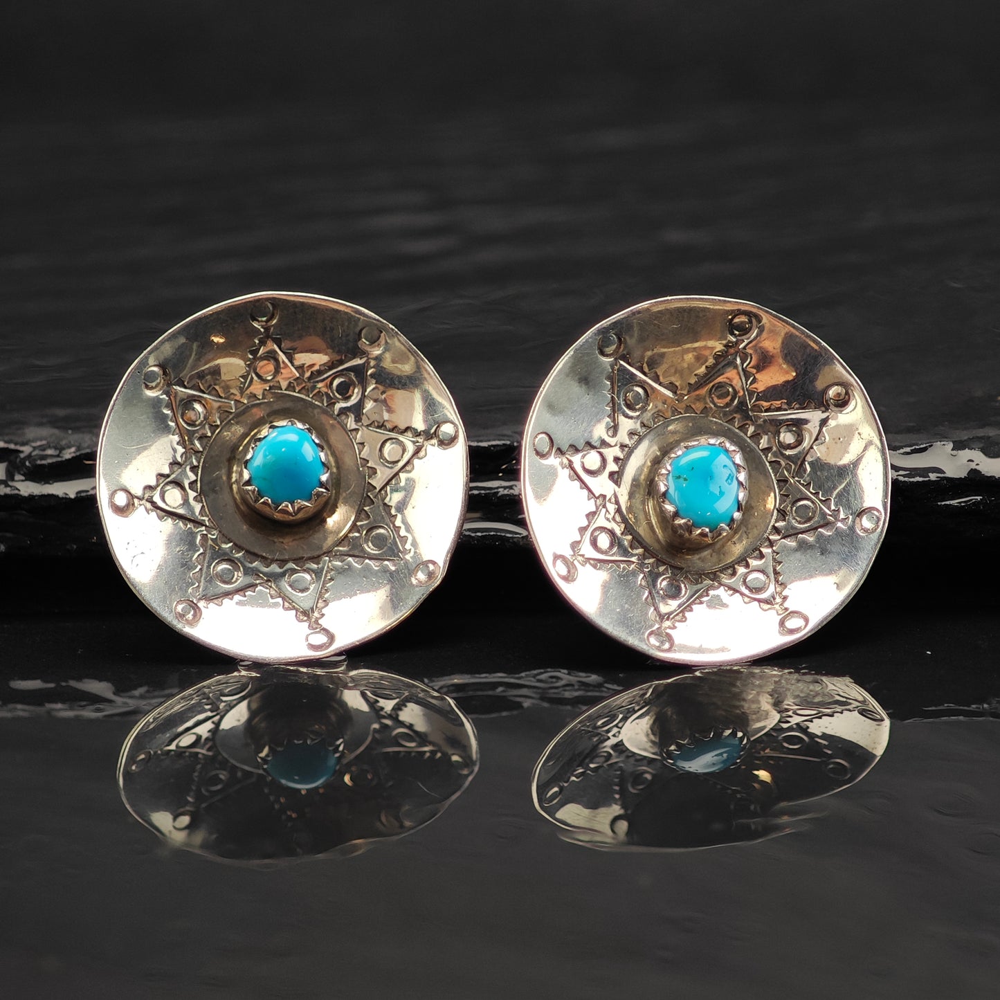 Vintage Native American Turquoise Stamped Bowl Sterling Silver Stud Earrings ER2997