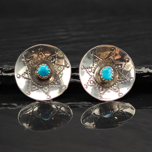 Vintage Native American Turquoise Stamped Bowl Sterling Silver Stud Earrings ER2997
