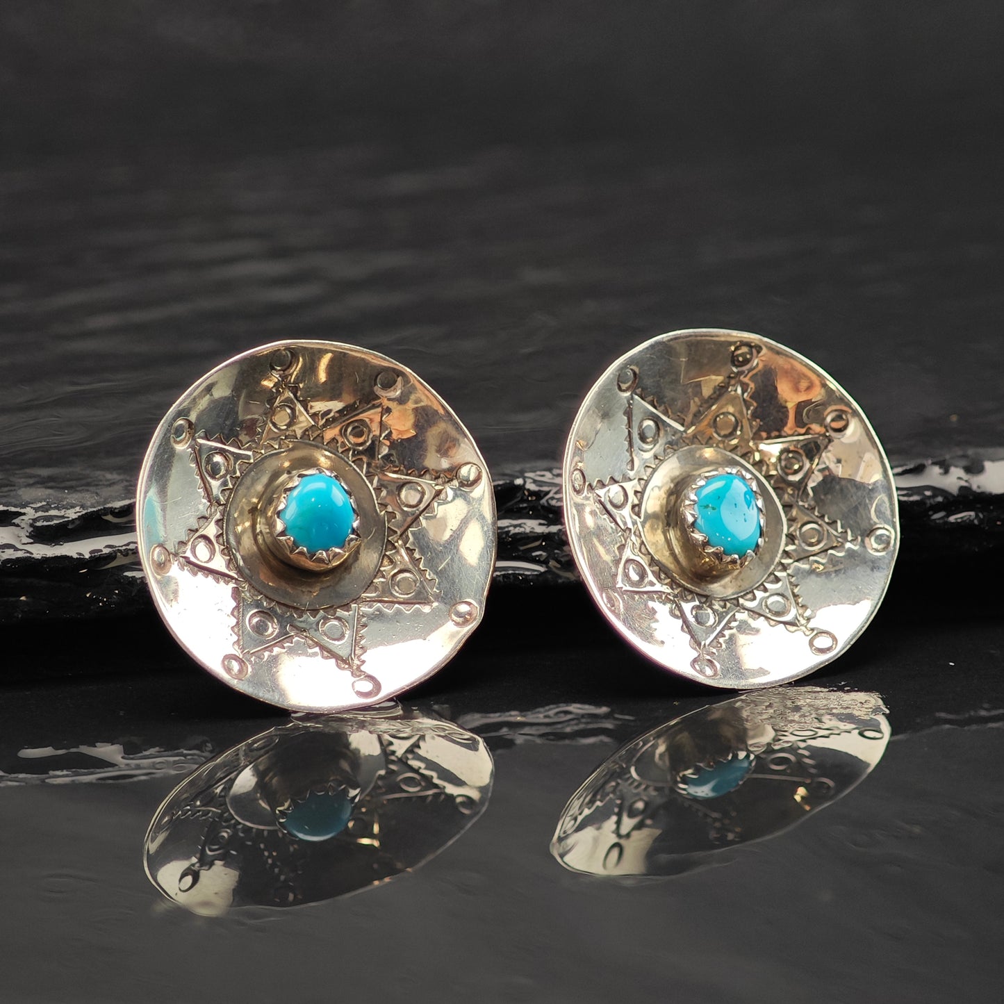 Vintage Native American Turquoise Stamped Bowl Sterling Silver Stud Earrings ER2997