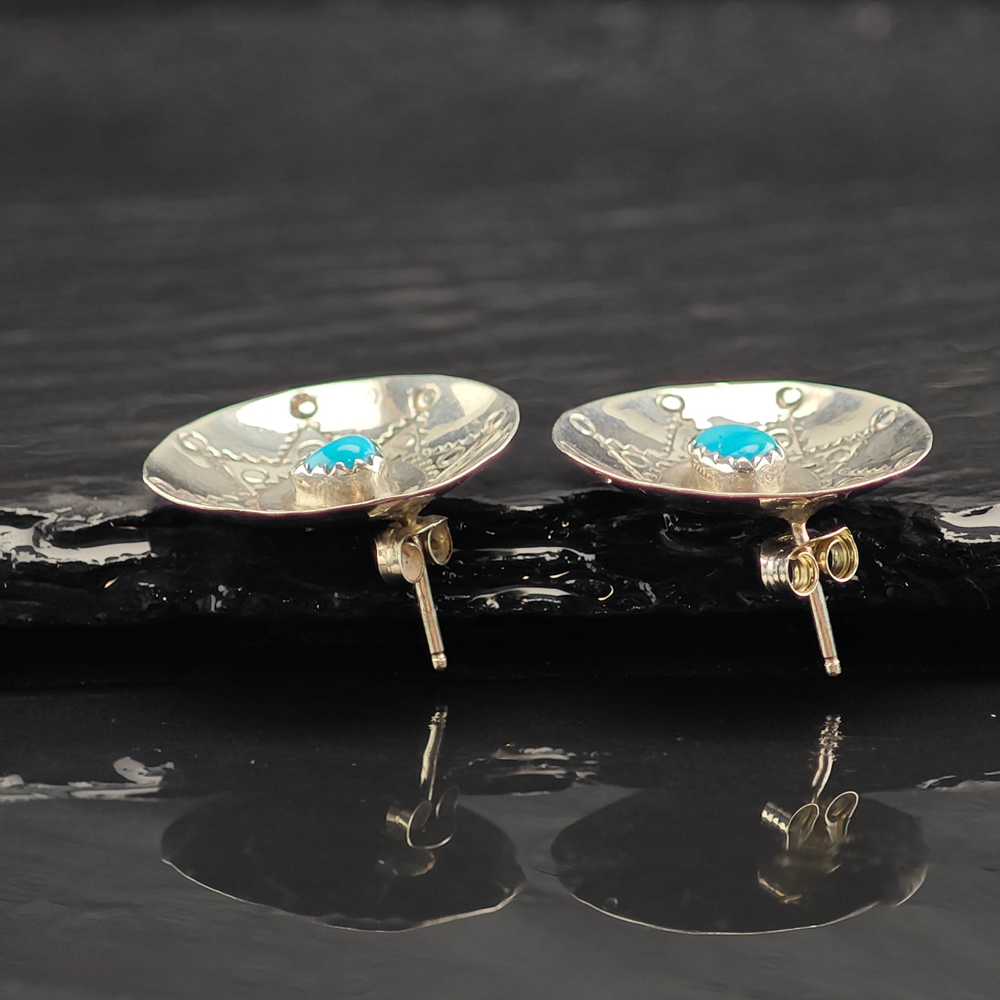 Vintage Native American Turquoise Stamped Bowl Sterling Silver Stud Earrings ER2997
