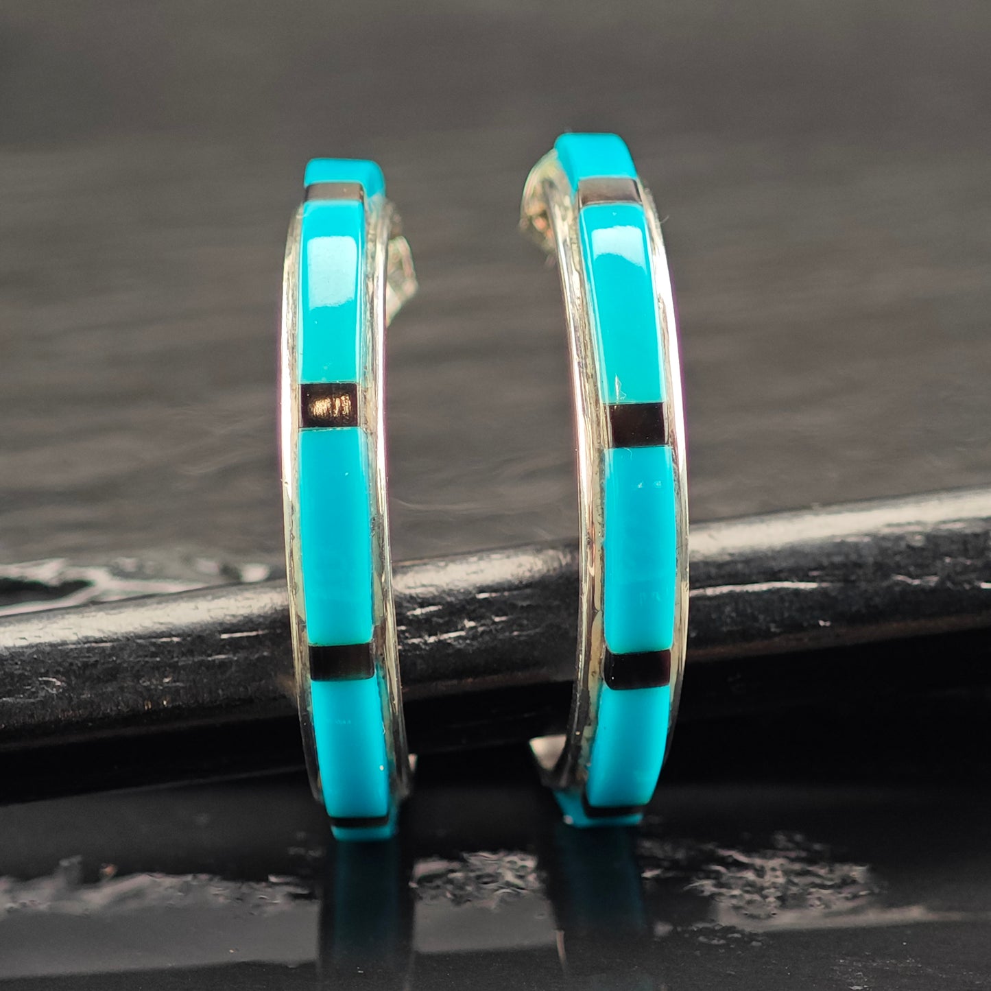 Vintage Native American Turquoise Stamped Bowl Sterling Silver Stud Earrings ER2998