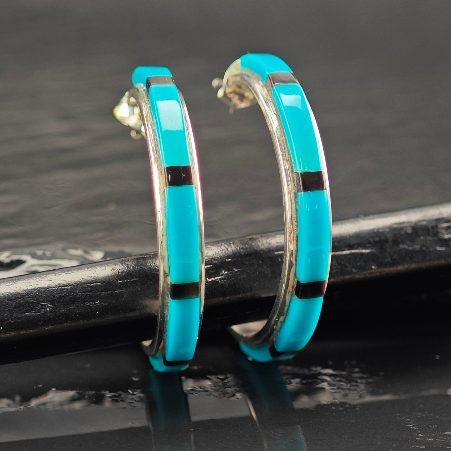 Vintage Native American Turquoise Stamped Bowl Sterling Silver Stud Earrings ER2998