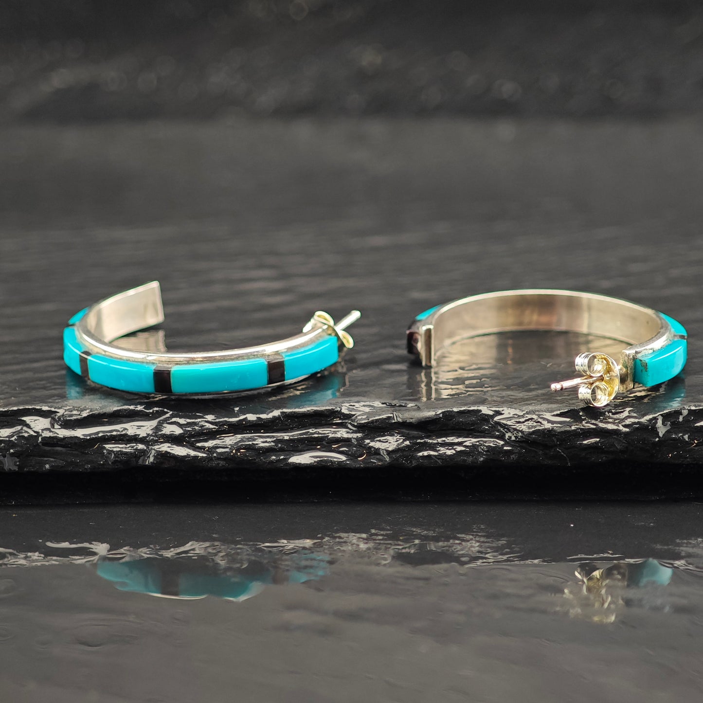 Vintage Native American Turquoise Stamped Bowl Sterling Silver Stud Earrings ER2998
