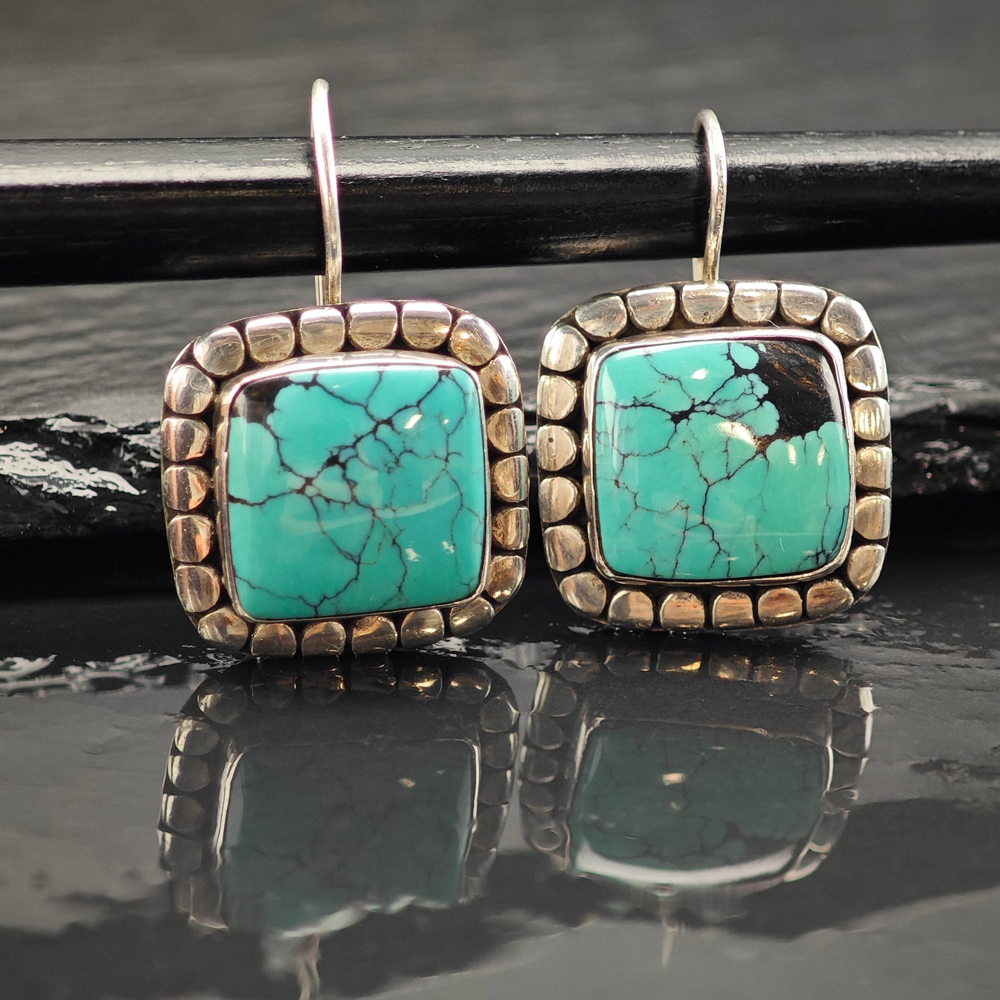 Vintage SW Spiderweb Turquoise Squared Sterling Silver Latch Back Earrings ER2999