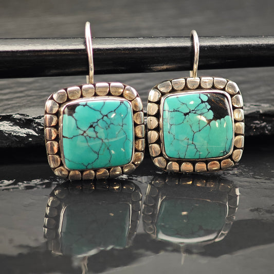 Vintage SW Spiderweb Turquoise Squared Sterling Silver Latch Back Earrings ER2999
