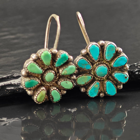 Vintage Native American Turquoise Missmatches Sterling Silver Hook Earrings ER3000