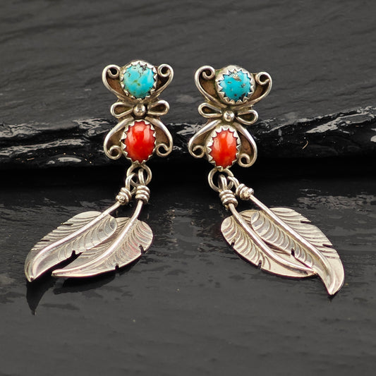 Vintage Turquoise & Coral Floral Sterling Silver Stud/Dangle Earrings ER3001