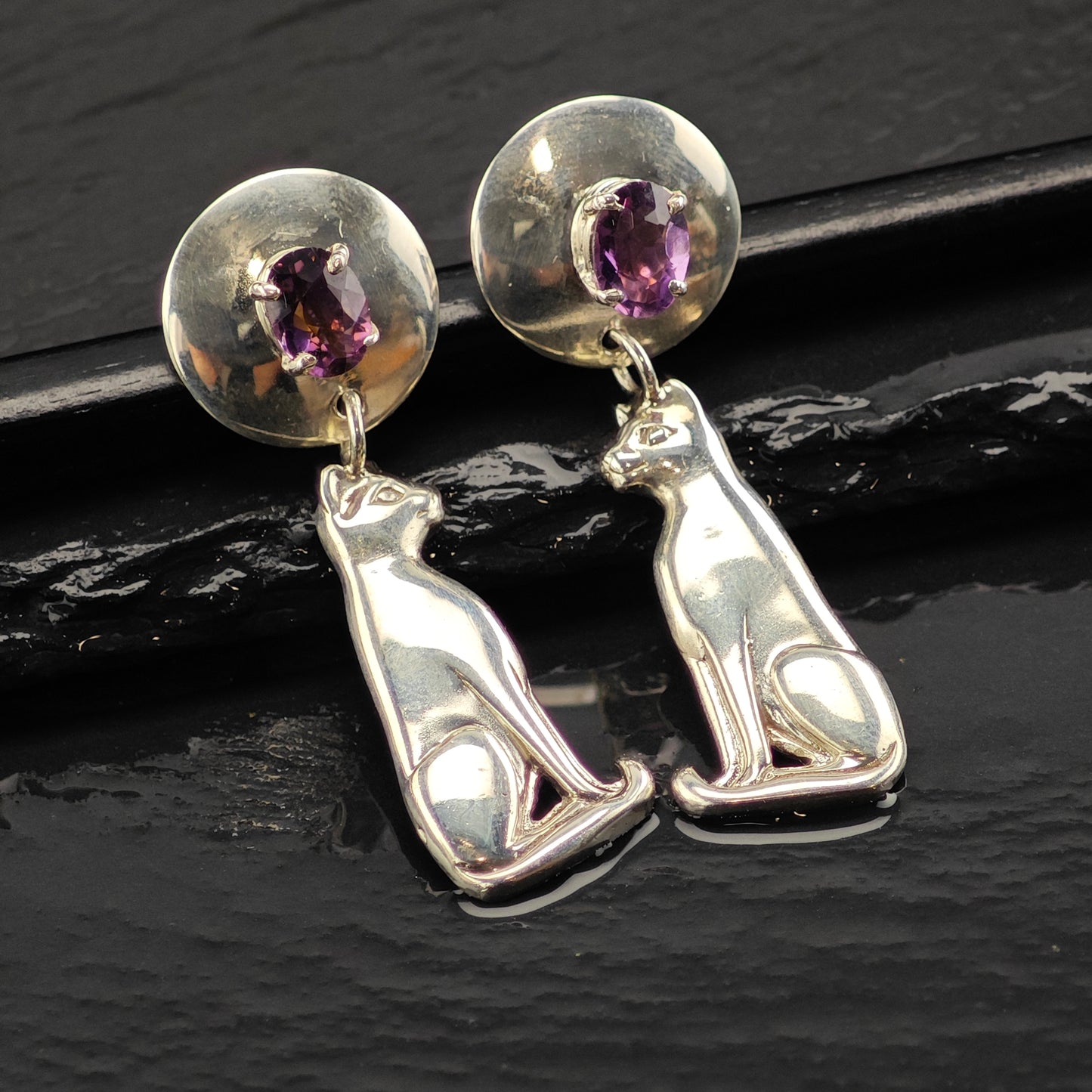 Vintage Carol Felley Amethyst Feline Sterling Silver Stud/Dangle Earrings ER3002