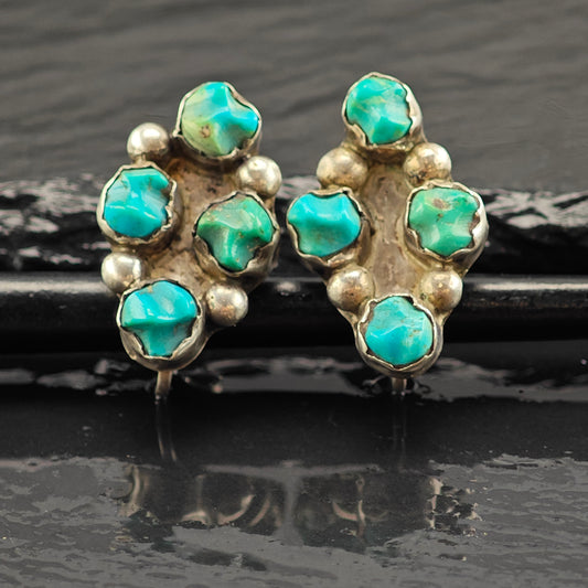 Vintage Native American Turquoise Carved Sterling Silver Screwback Earrings ER3003