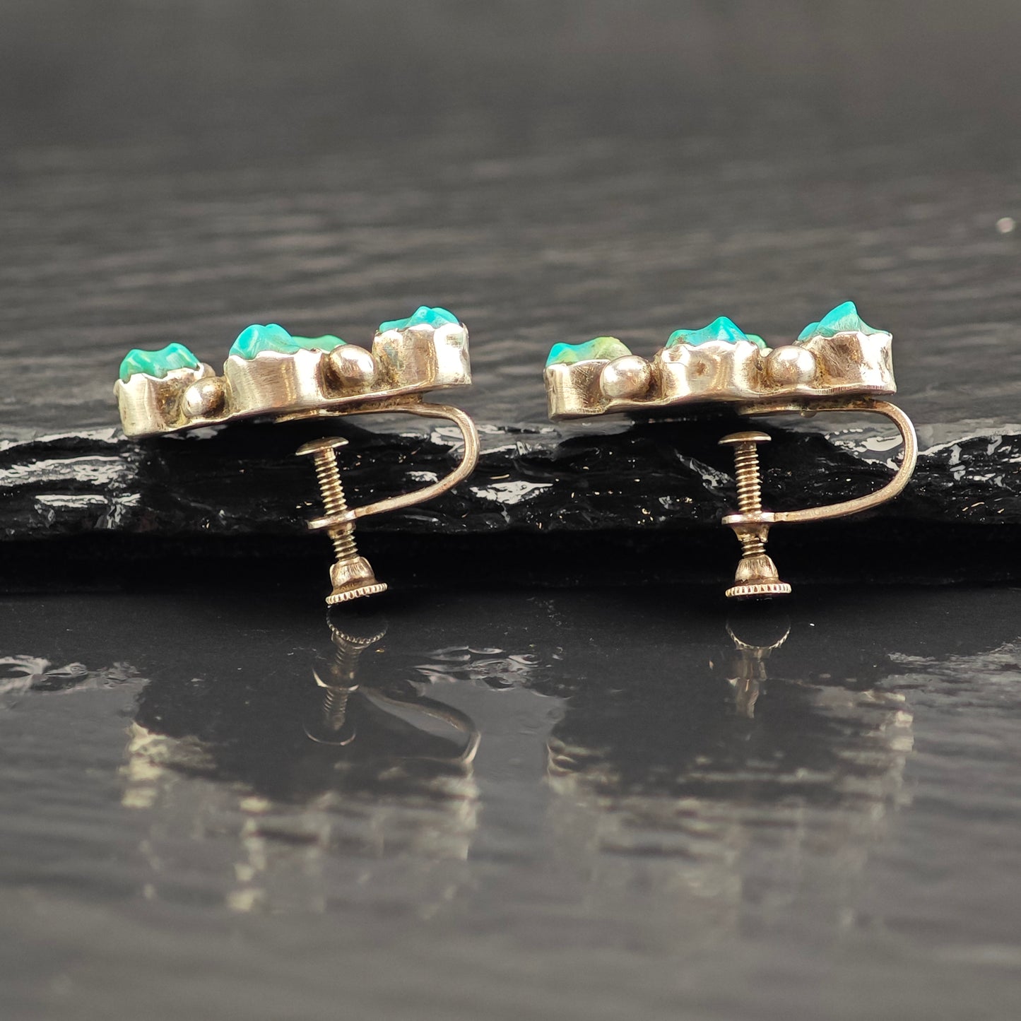 Vintage Native American Turquoise Carved Sterling Silver Screwback Earrings ER3003