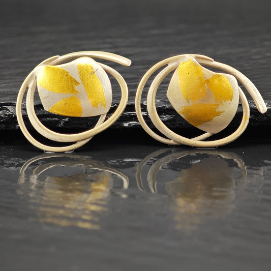 Vintage Sterling Silver Stud Earrings Modernist Gold Tone Abstract Gold Leaf ER3004