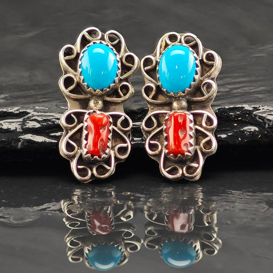 Vintage Sterling Silver Stud Earrings Native American Blue, Red Turquoise, Coral Floral ER3006
