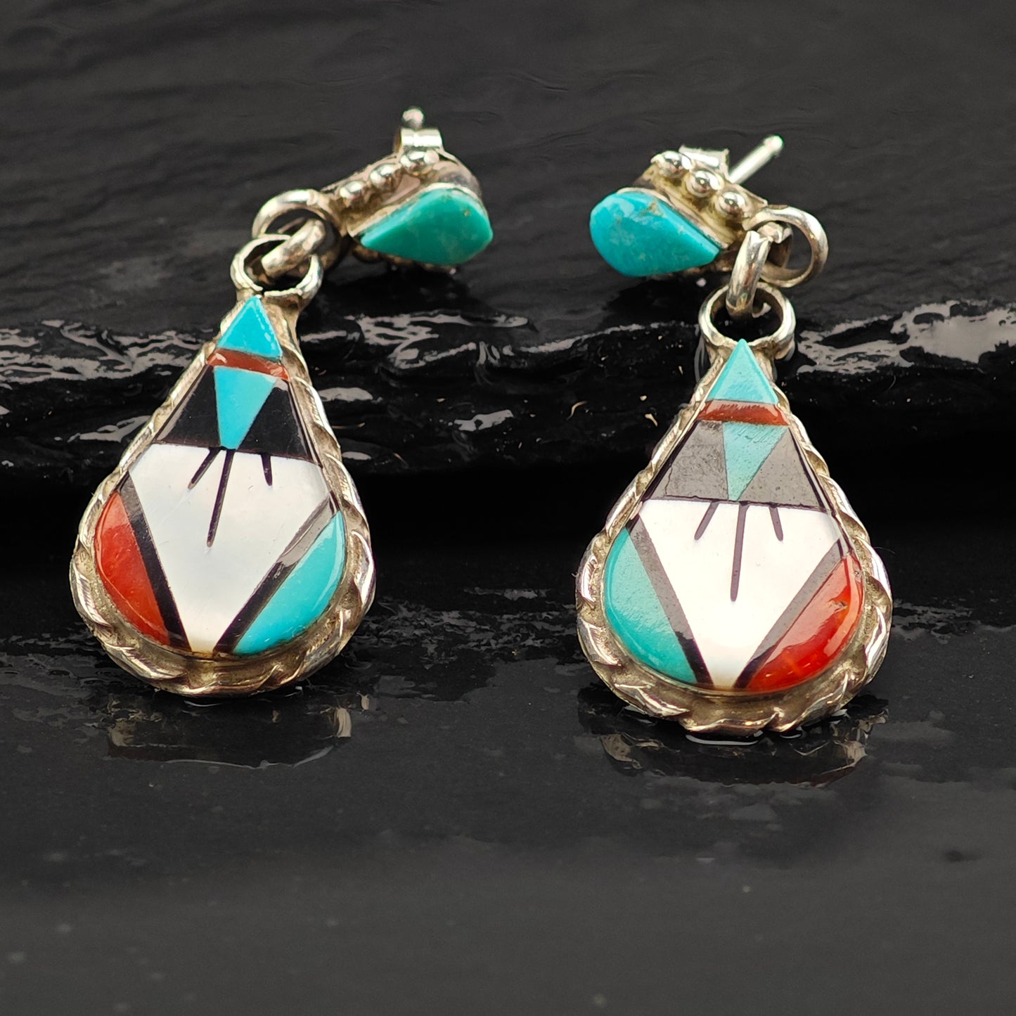 Vintage Native American Multi-Stone Inlay Teardrop Sterling Silver Stud/Dangle Earrings ER3008