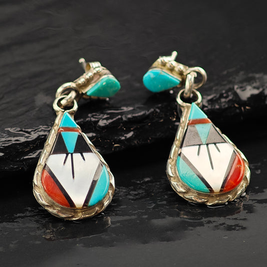 Vintage Native American Multi-Stone Inlay Teardrop Sterling Silver Stud/Dangle Earrings ER3008
