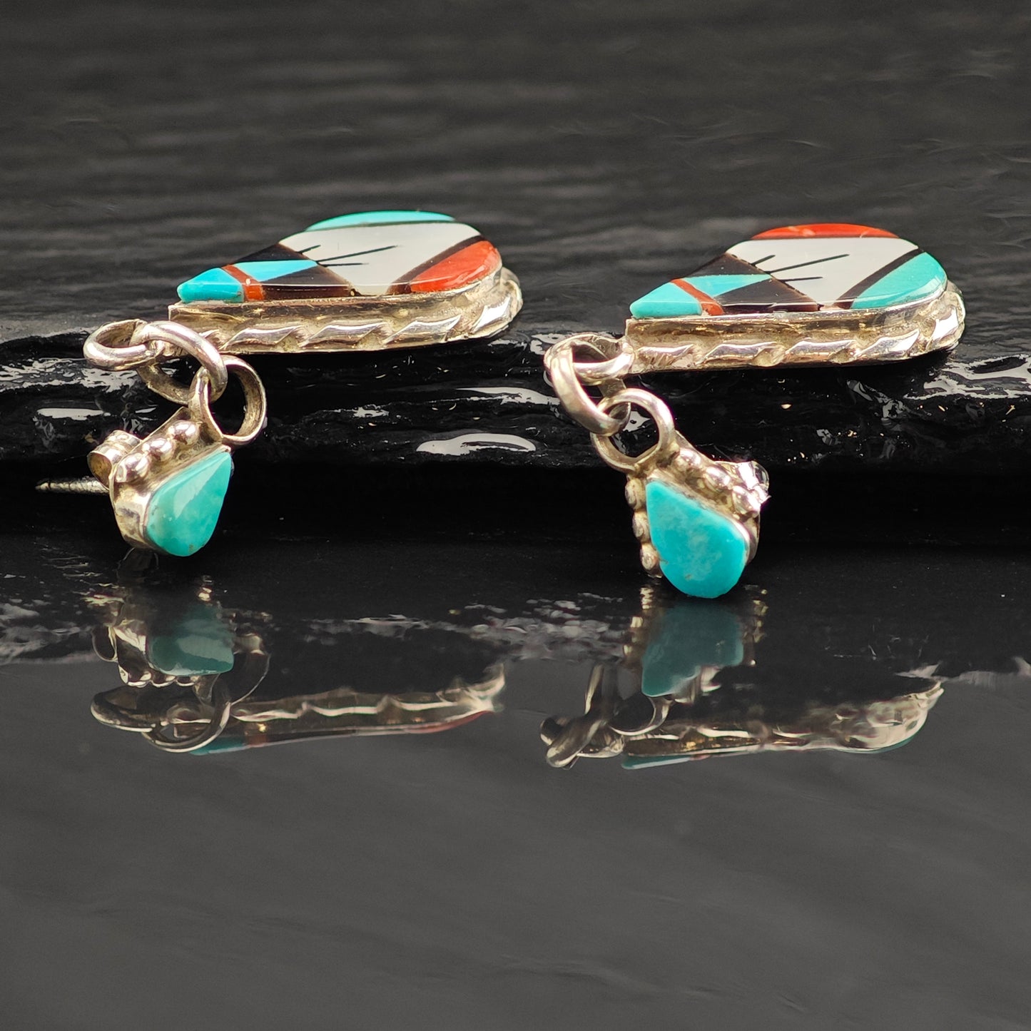 Vintage Native American Multi-Stone Inlay Teardrop Sterling Silver Stud/Dangle Earrings ER3008