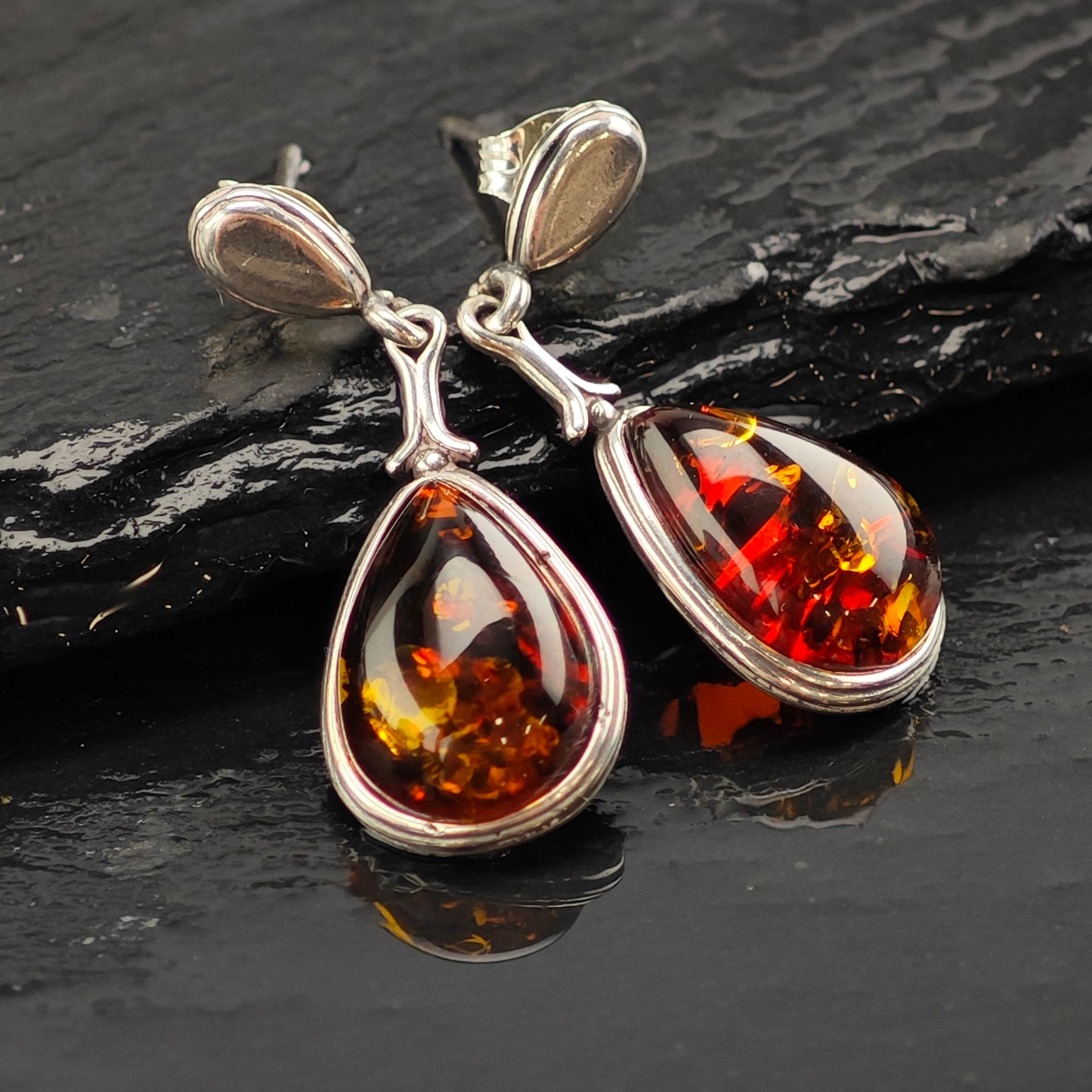Vintage Amber Teardrop Sterling Silver Stud/Dangle Earrings ER3009