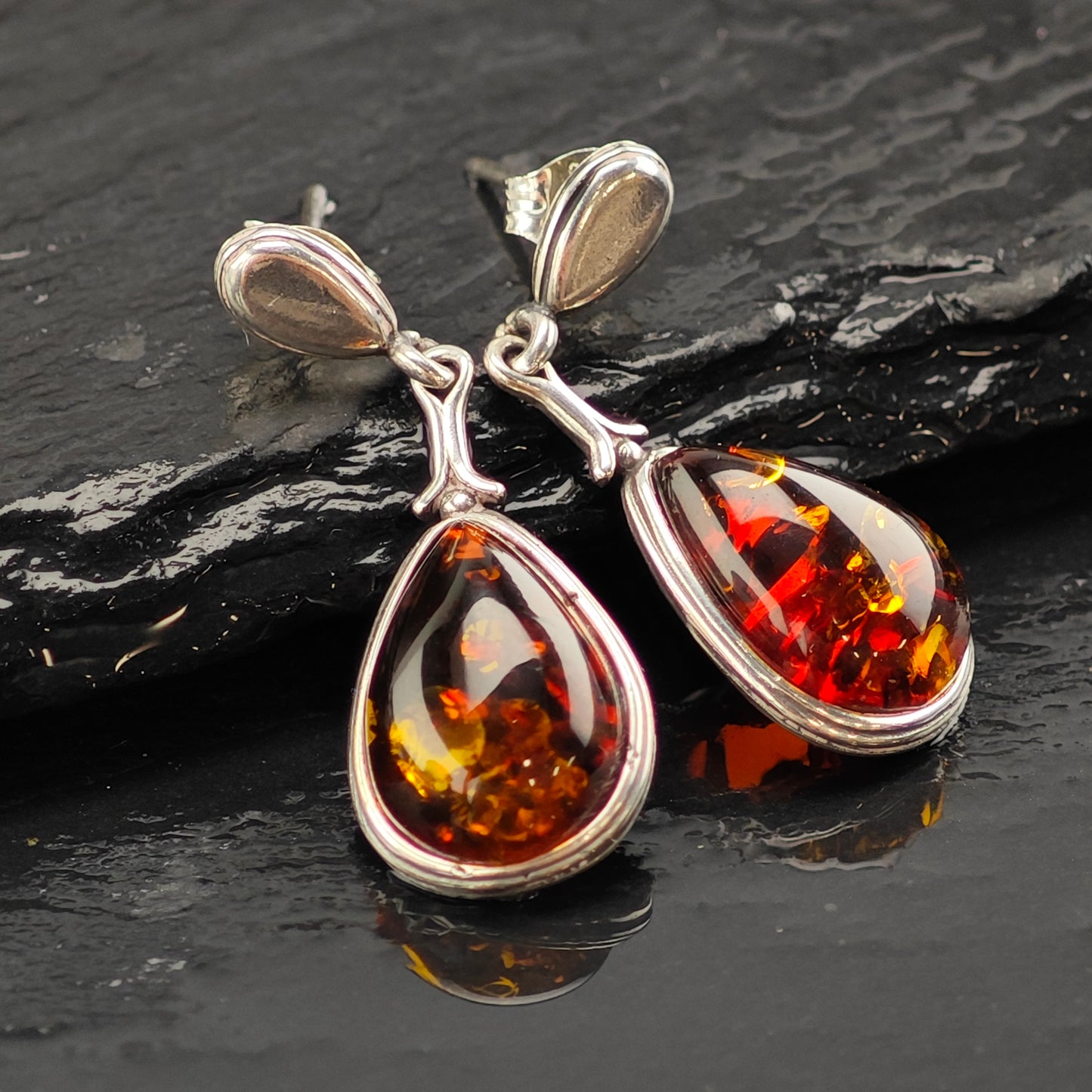 Vintage Amber Teardrop Sterling Silver Stud/Dangle Earrings ER3009