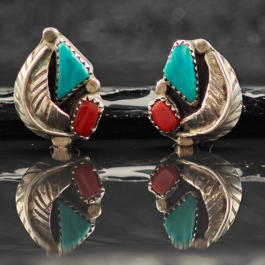 Vintage Zuni Turquoise & Coral Carved Sterling Silver Clip On Earrings ER3011