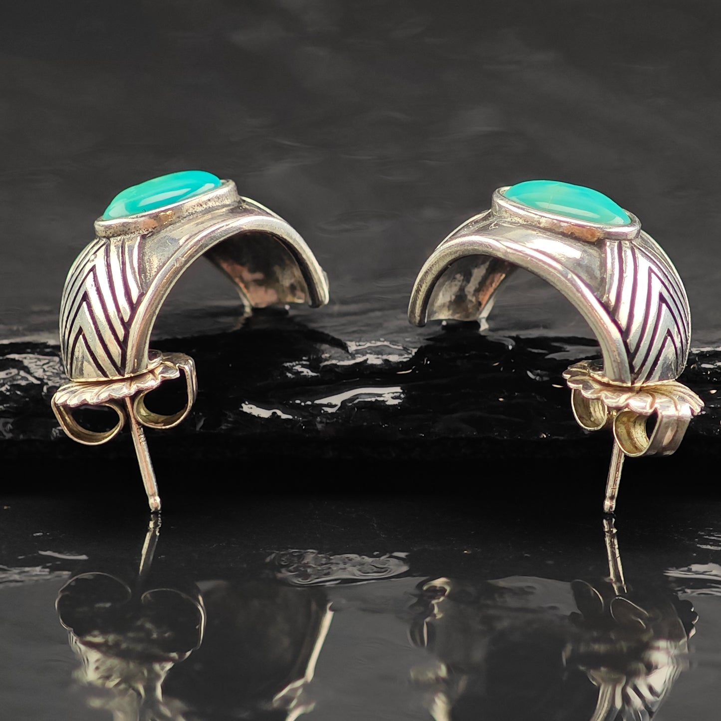 Vintage Relios Turquoise Shell Shape Sterling Silver Stud/Half hoop Earrings ER3044