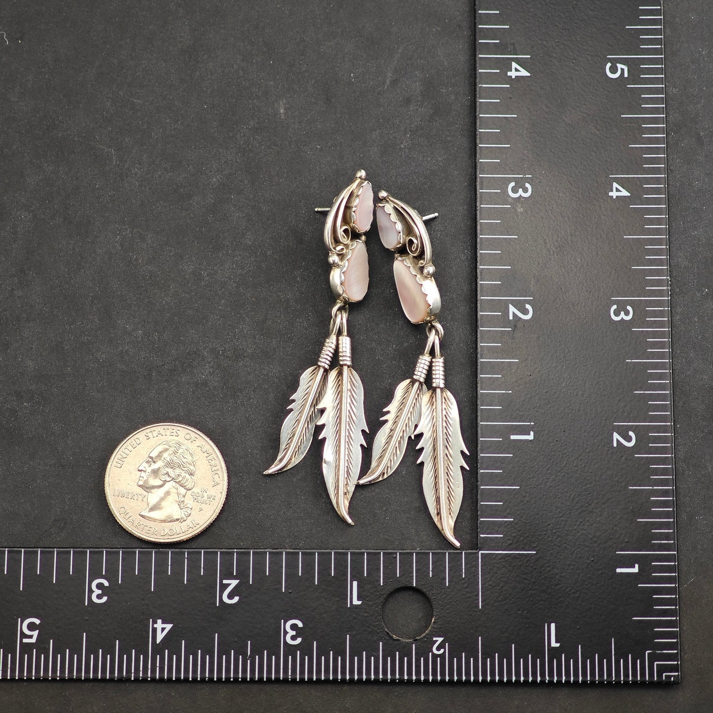 Vintage Native American Pink MOP Floral Sterling Silver Stud/Dangle Earrings ER2988