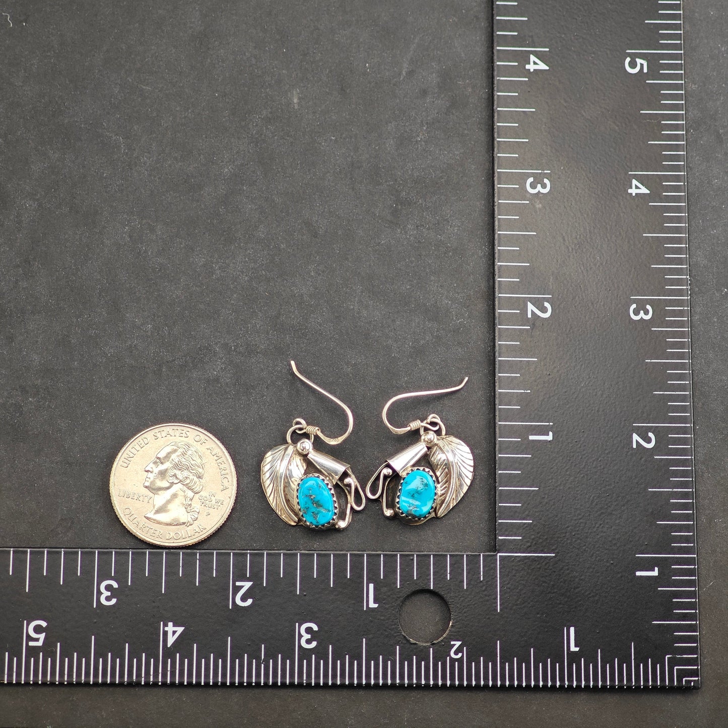 Vintage Native American Turquoise Floral Sterling Silver Hook/Dangle Earrings ER2990