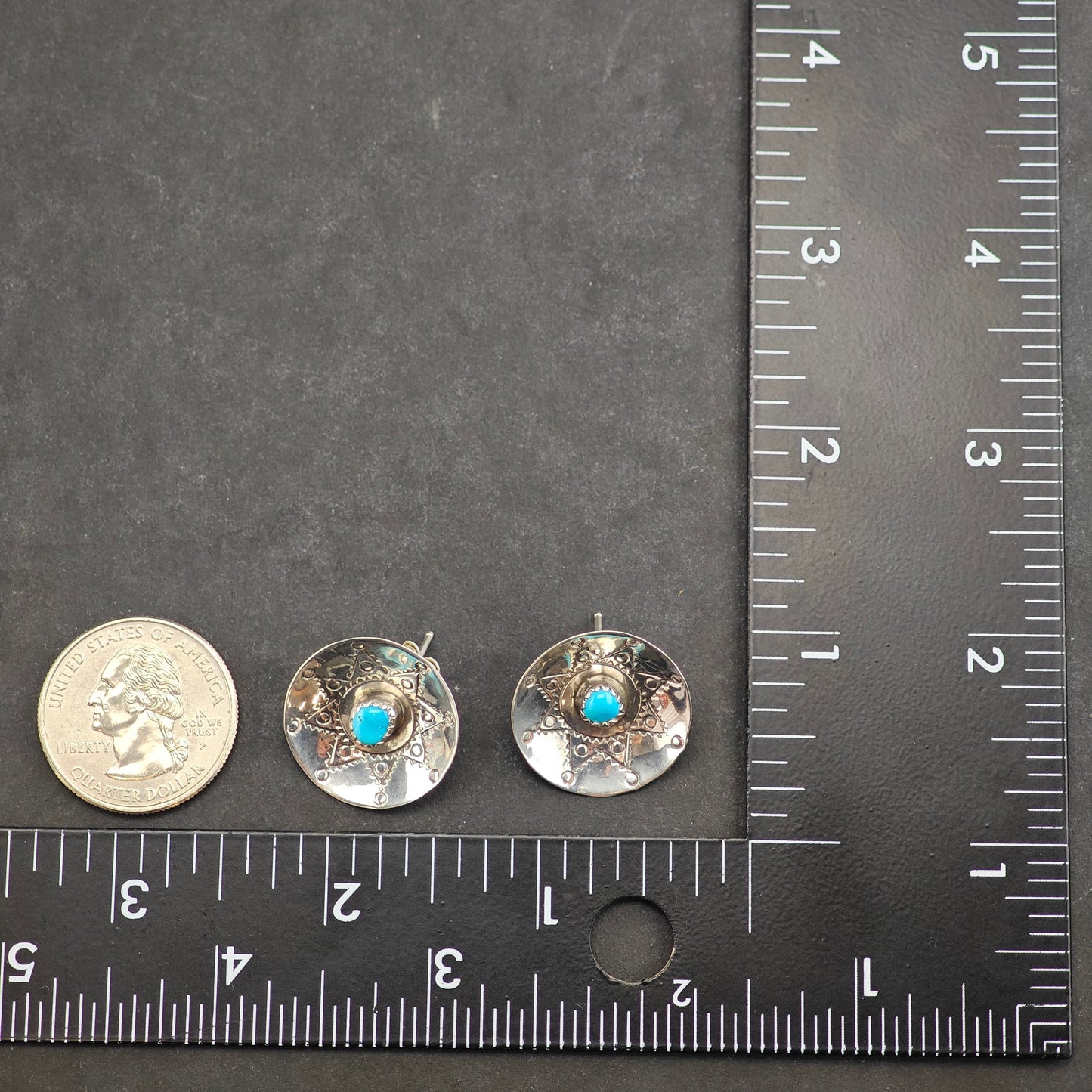Vintage Native American Turquoise Stamped Bowl Sterling Silver Stud Earrings ER2997