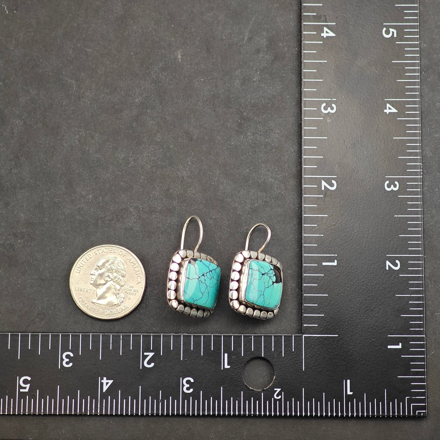 Vintage SW Spiderweb Turquoise Squared Sterling Silver Latch Back Earrings ER2999
