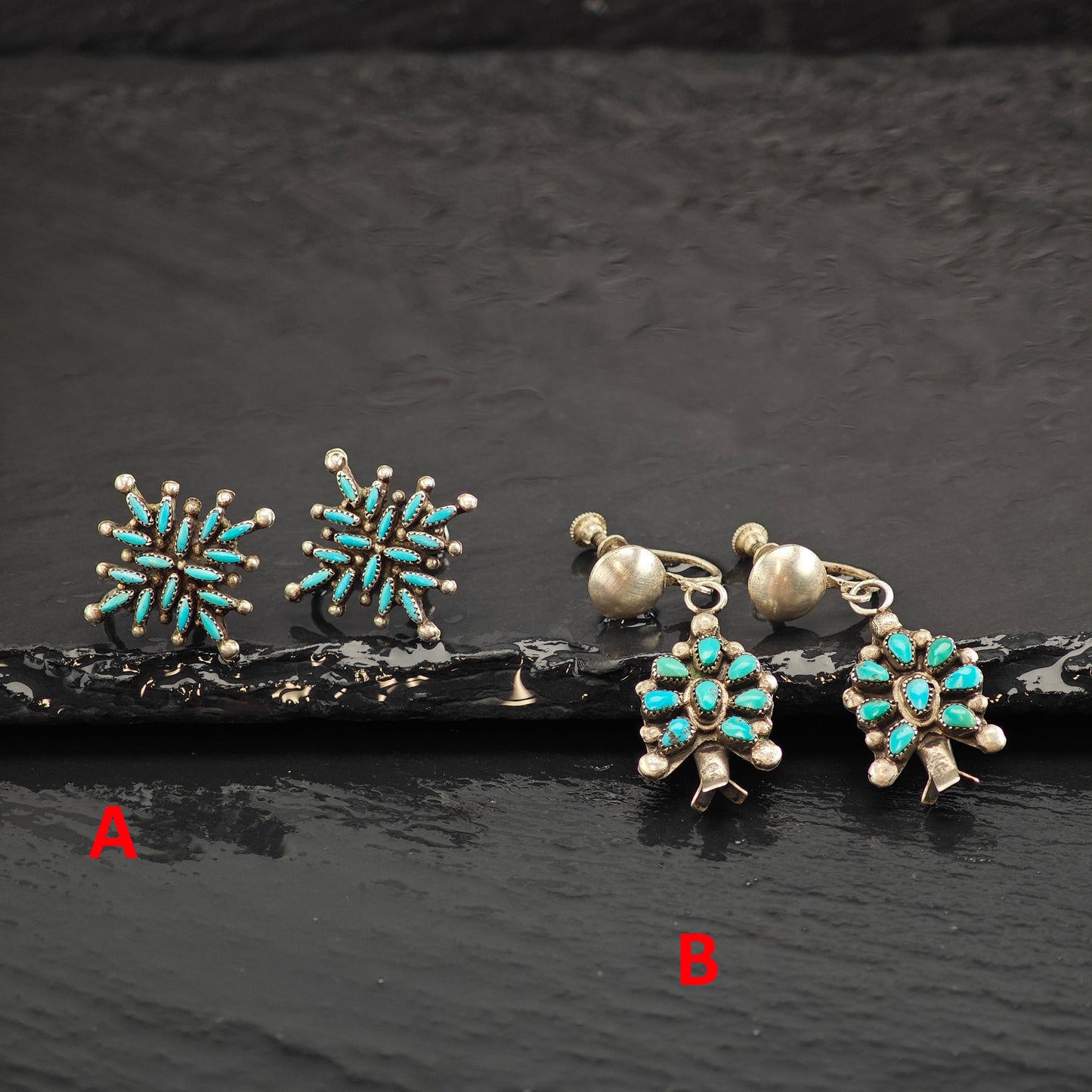 Choice of Vintage Zuni Turquoise Cluster Sterling Silver Screw Back /Dangle Earrings ER2994