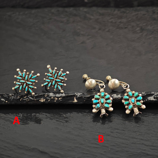 Choice of Vintage Zuni Turquoise Cluster Sterling Silver Screw Back /Dangle Earrings ER2994