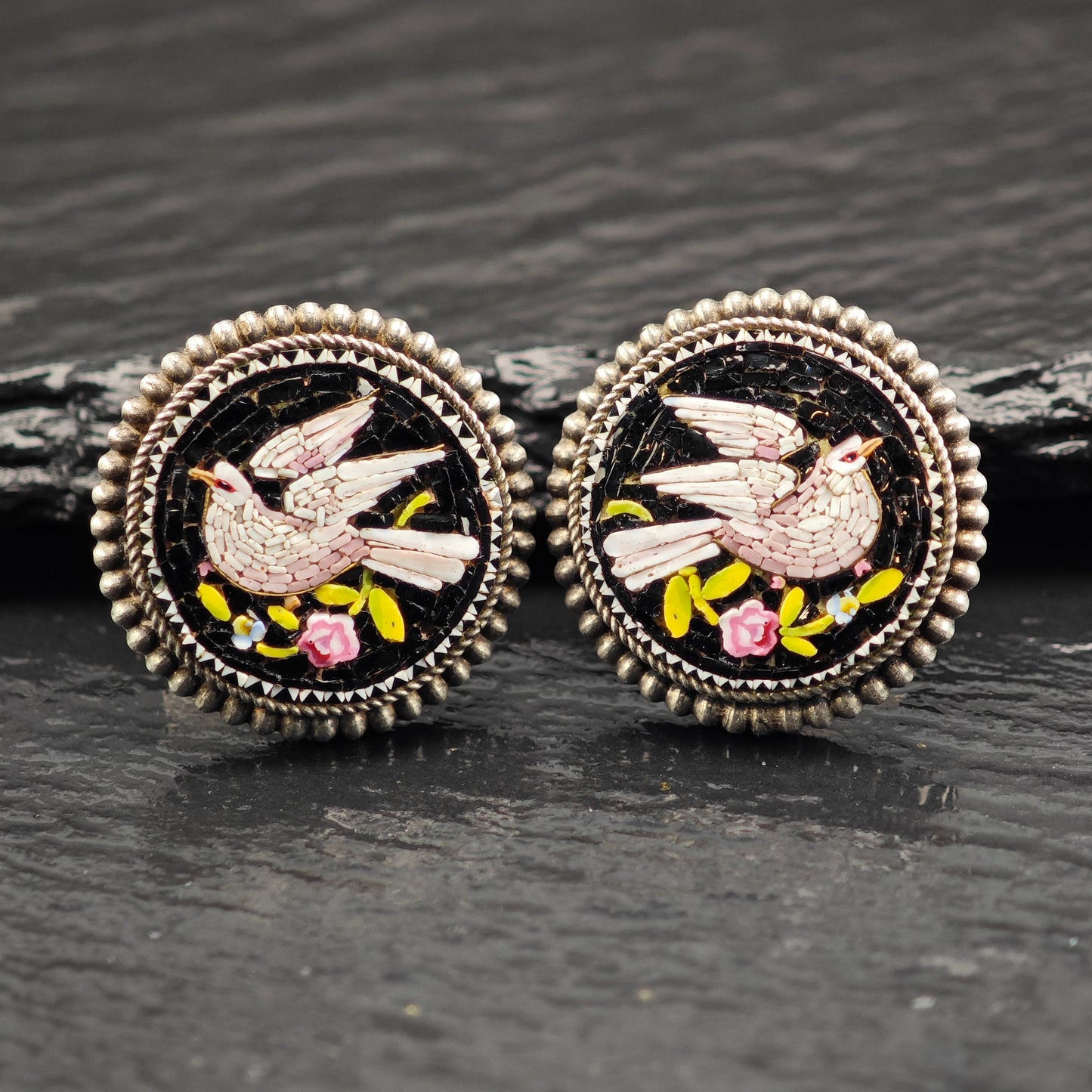 Antique Micro-Mosaic Dove Cufflinks or Buttons Sterling Silver MISC0348
