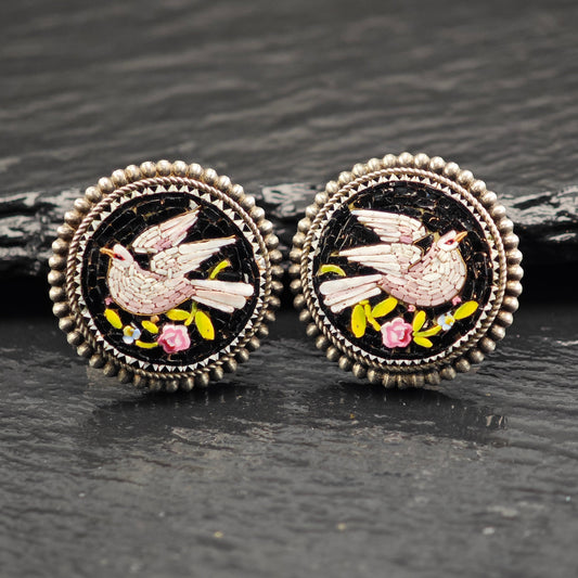 Antique Micro-Mosaic Dove Cufflinks or Buttons Sterling Silver MISC0348