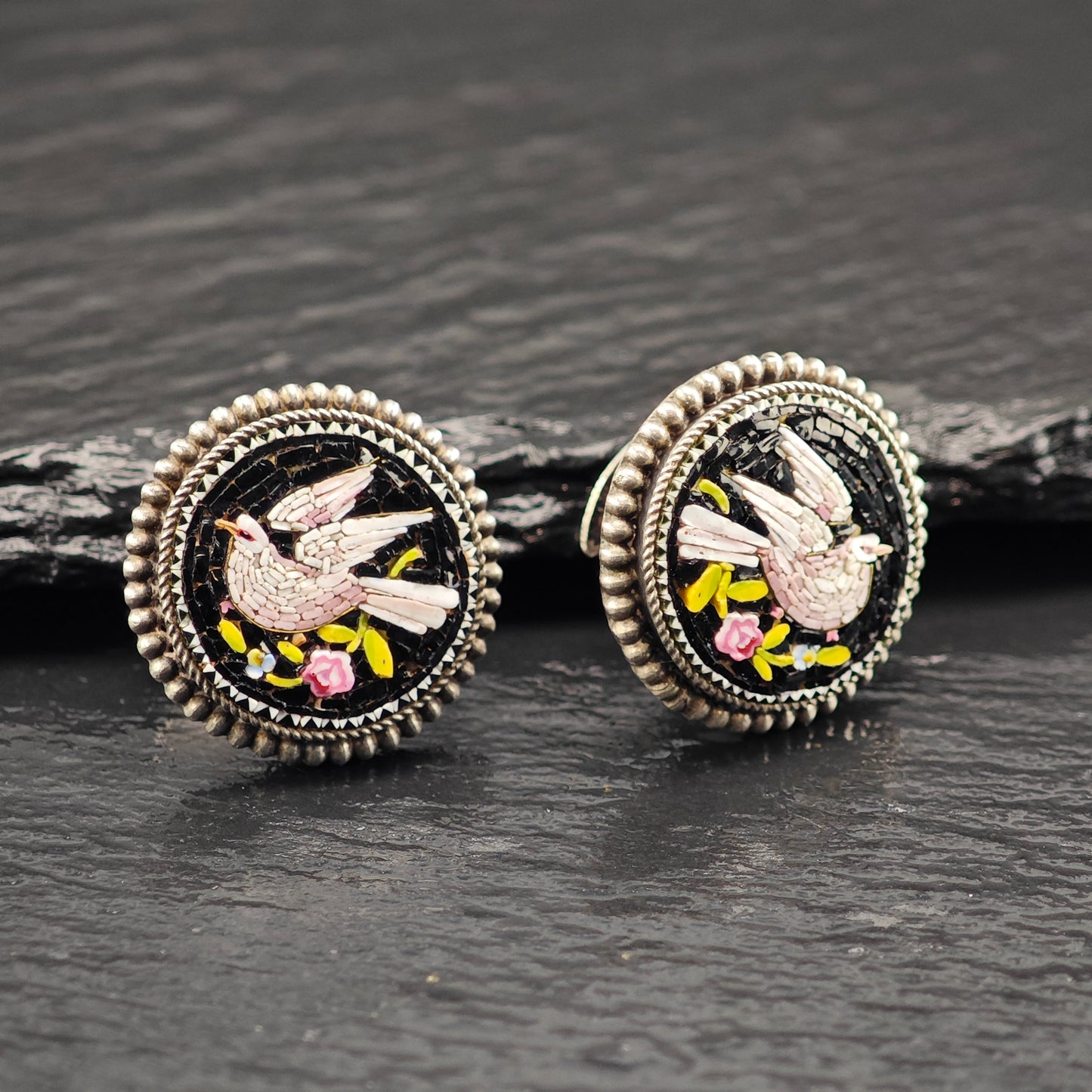 Antique Micro-Mosaic Dove Cufflinks or Buttons Sterling Silver MISC0348