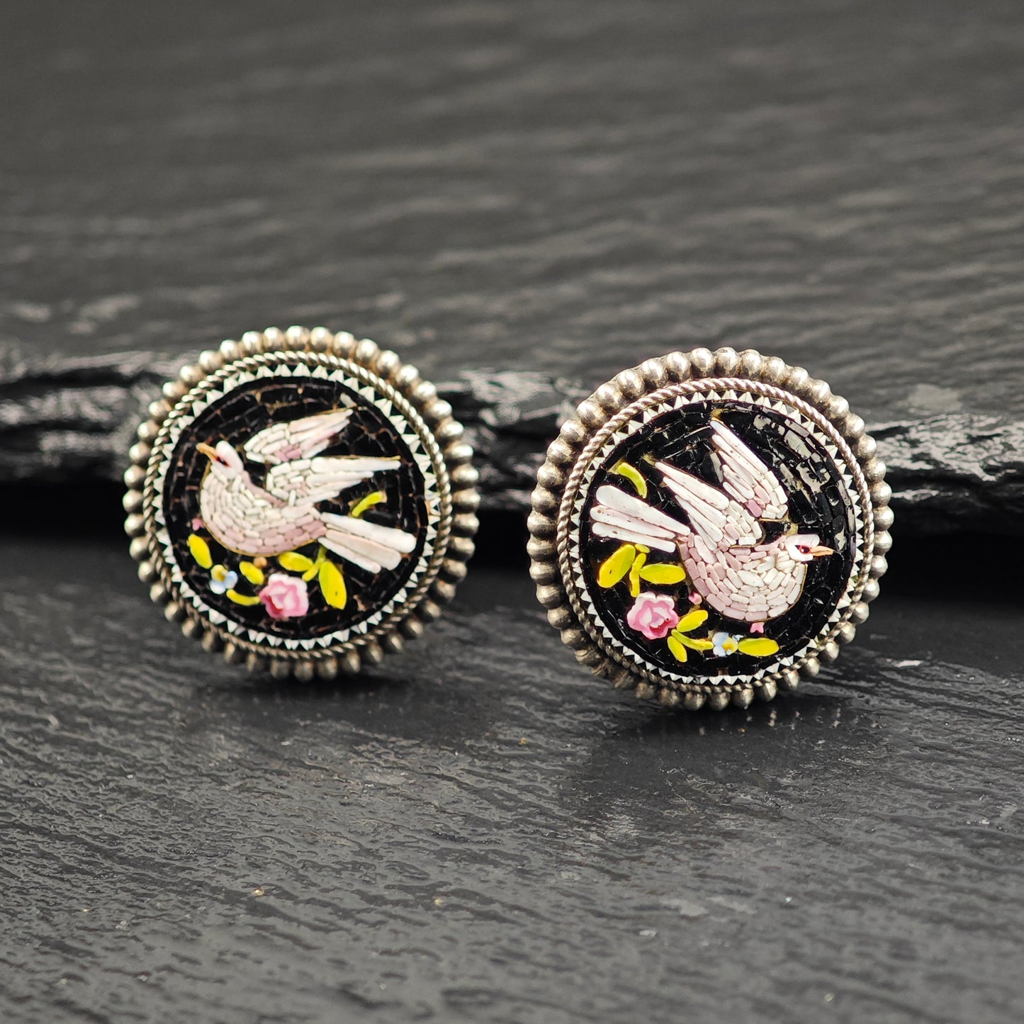Antique Micro-Mosaic Dove Cufflinks or Buttons Sterling Silver MISC0348