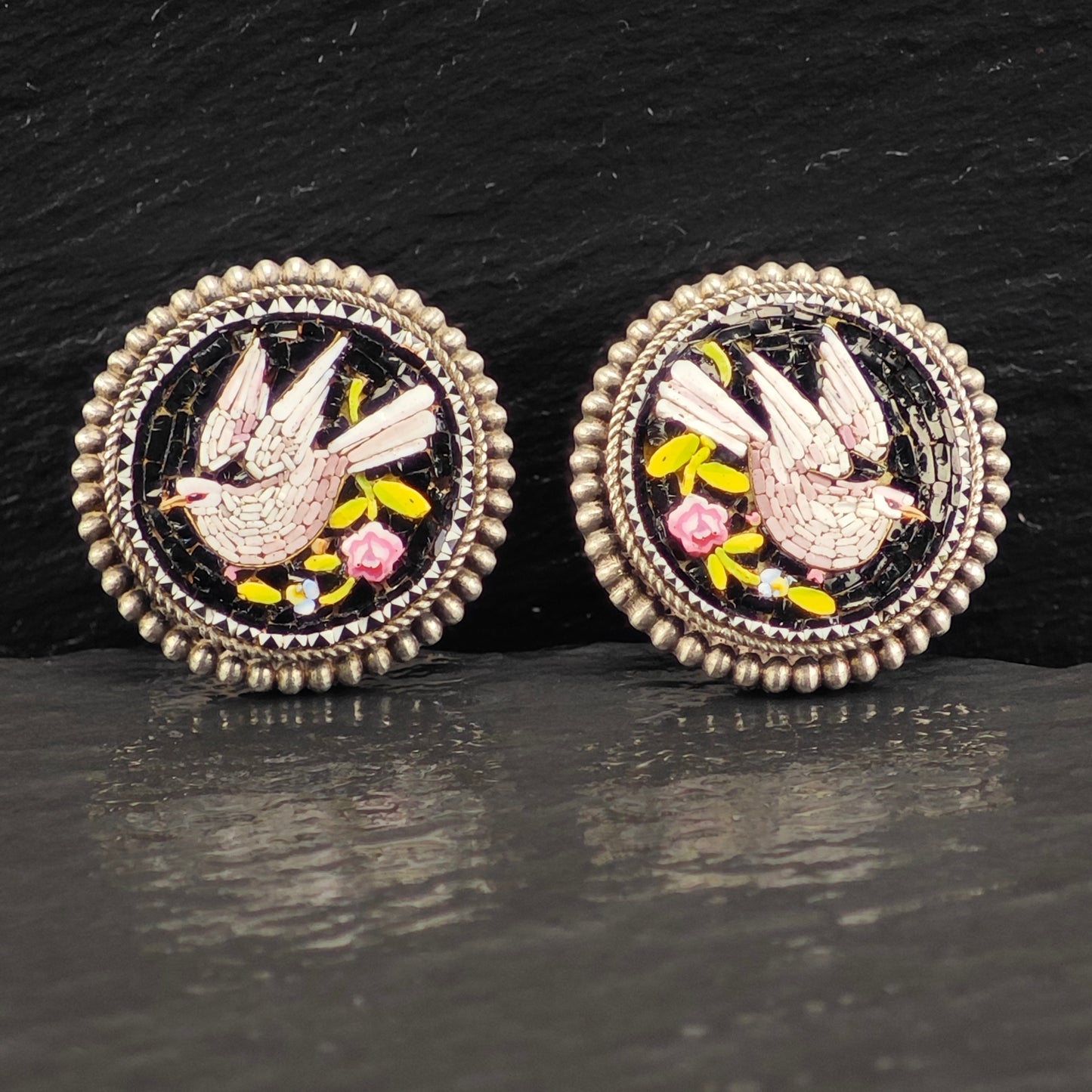 Antique Micro-Mosaic Dove Cufflinks or Buttons Sterling Silver MISC0348