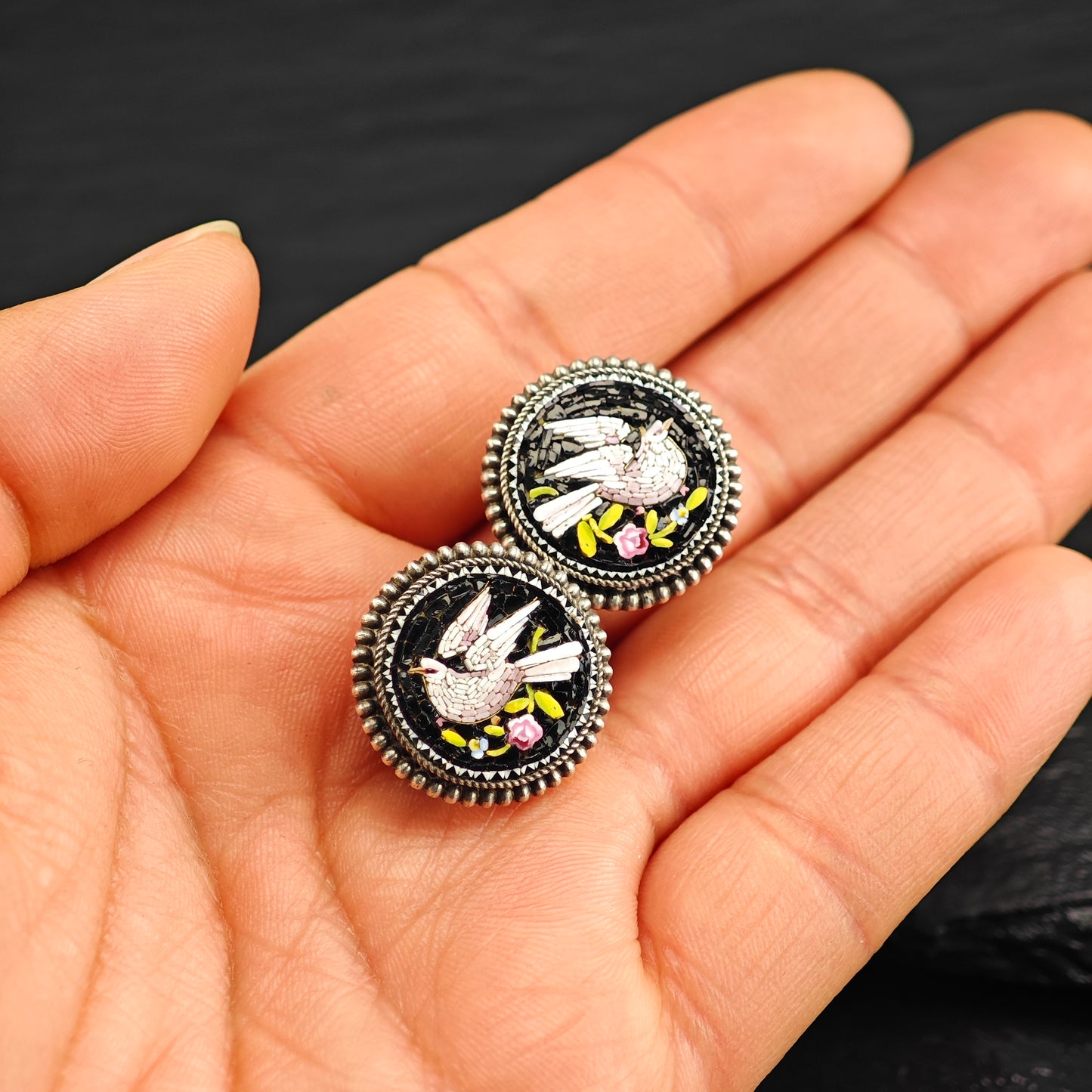 Antique Micro-Mosaic Dove Cufflinks or Buttons Sterling Silver MISC0348