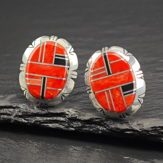 Vintage Navajo Coral Inlay Cufflinks Sterling Silver MISC0349