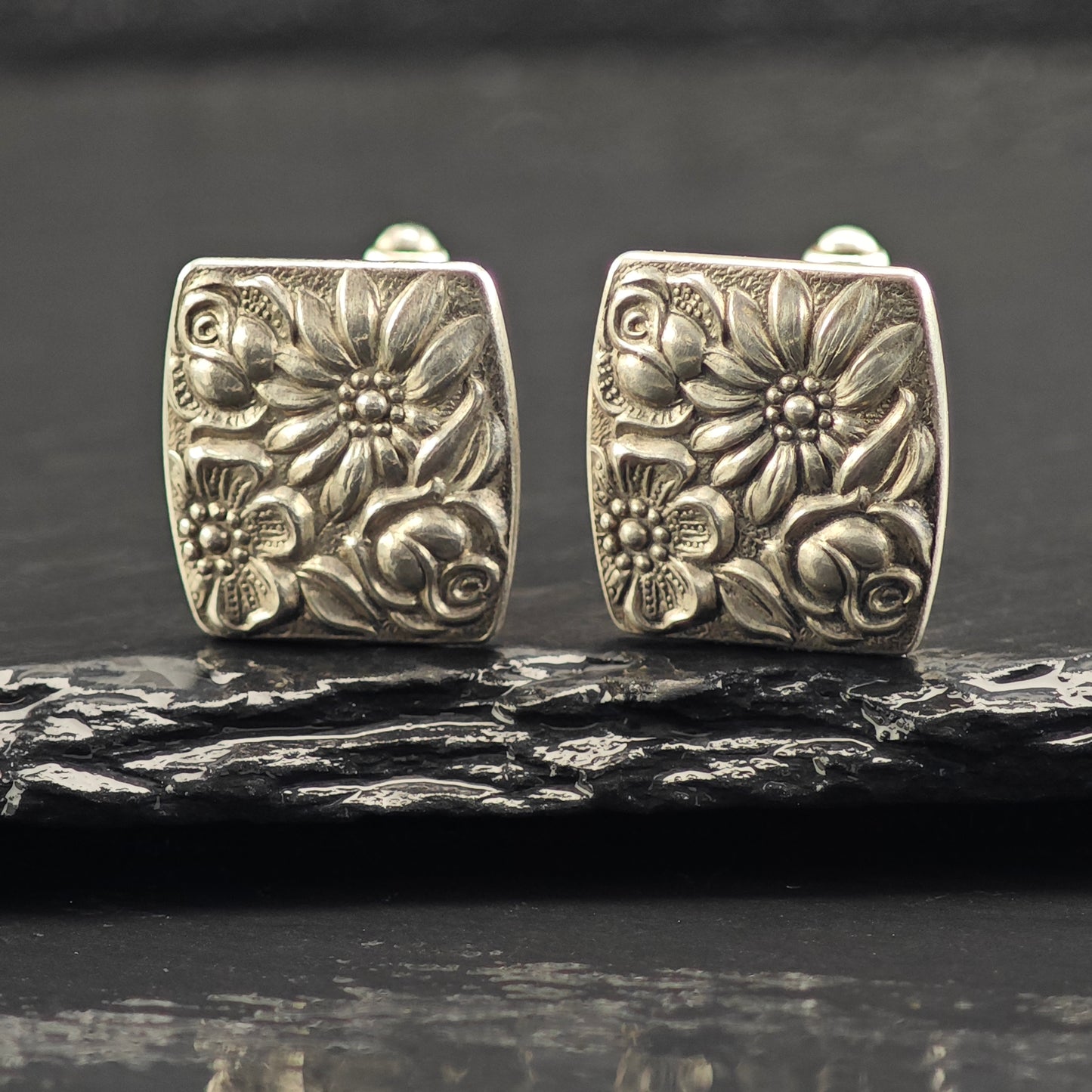Vintage Floral Repousse Cufflinks Sterling Silver MISC0352