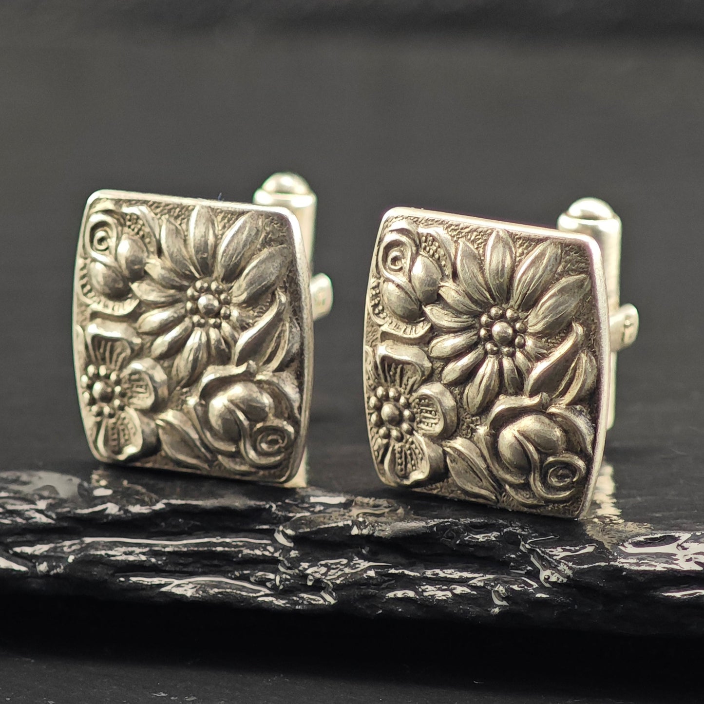 Vintage Floral Repousse Cufflinks Sterling Silver MISC0352