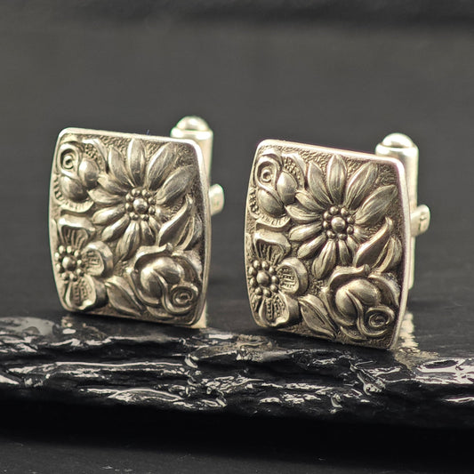 Vintage Floral Repousse Cufflinks Sterling Silver MISC0352