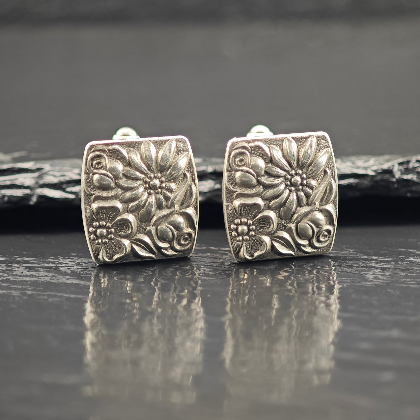 Vintage Floral Repousse Cufflinks Sterling Silver MISC0352