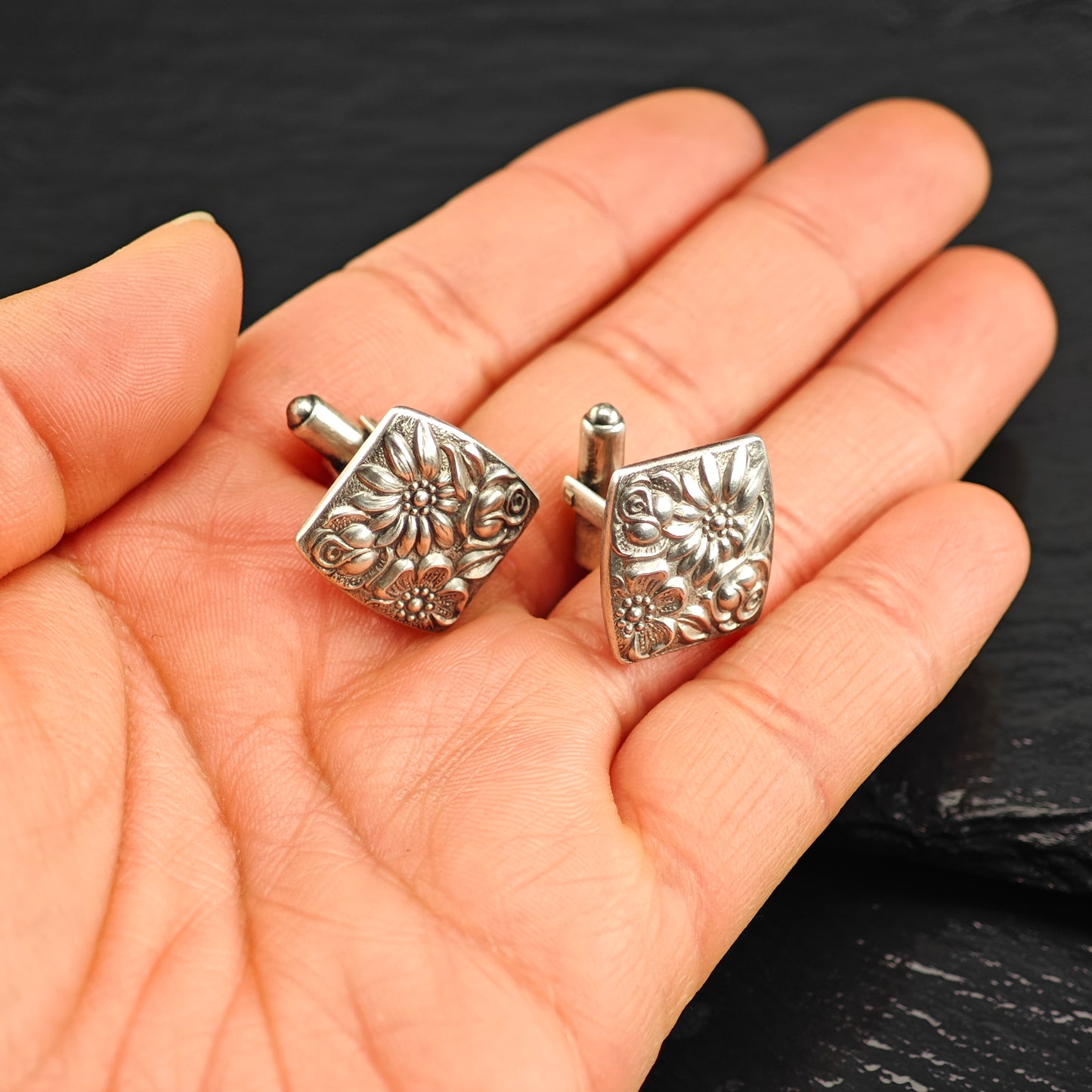 Vintage Floral Repousse Cufflinks Sterling Silver MISC0352