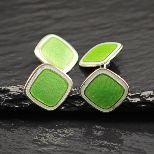 British Green Enamel Square Cufflinks Sterling Silver Gold Gilded MISC0353
