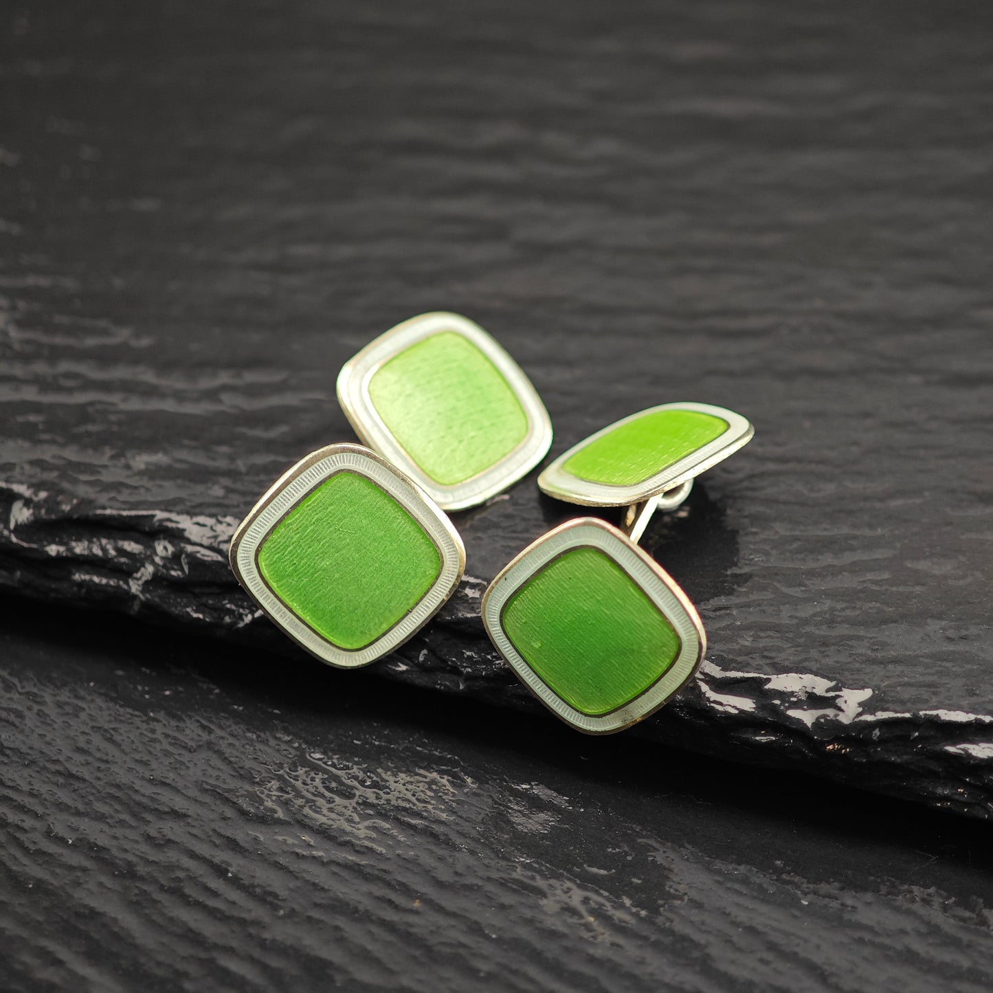 British Green Enamel Square Cufflinks Sterling Silver Gold Gilded MISC0353