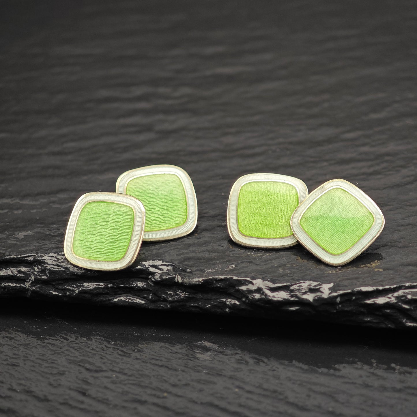British Green Enamel Square Cufflinks Sterling Silver Gold Gilded MISC0353