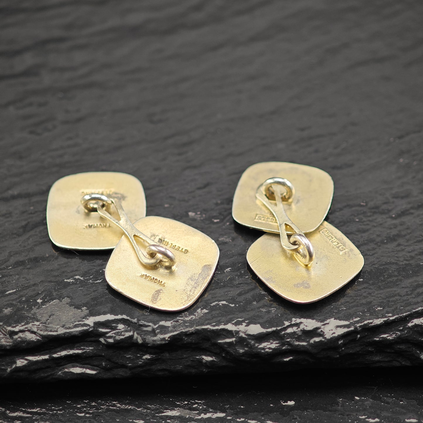 British Green Enamel Square Cufflinks Sterling Silver Gold Gilded MISC0353