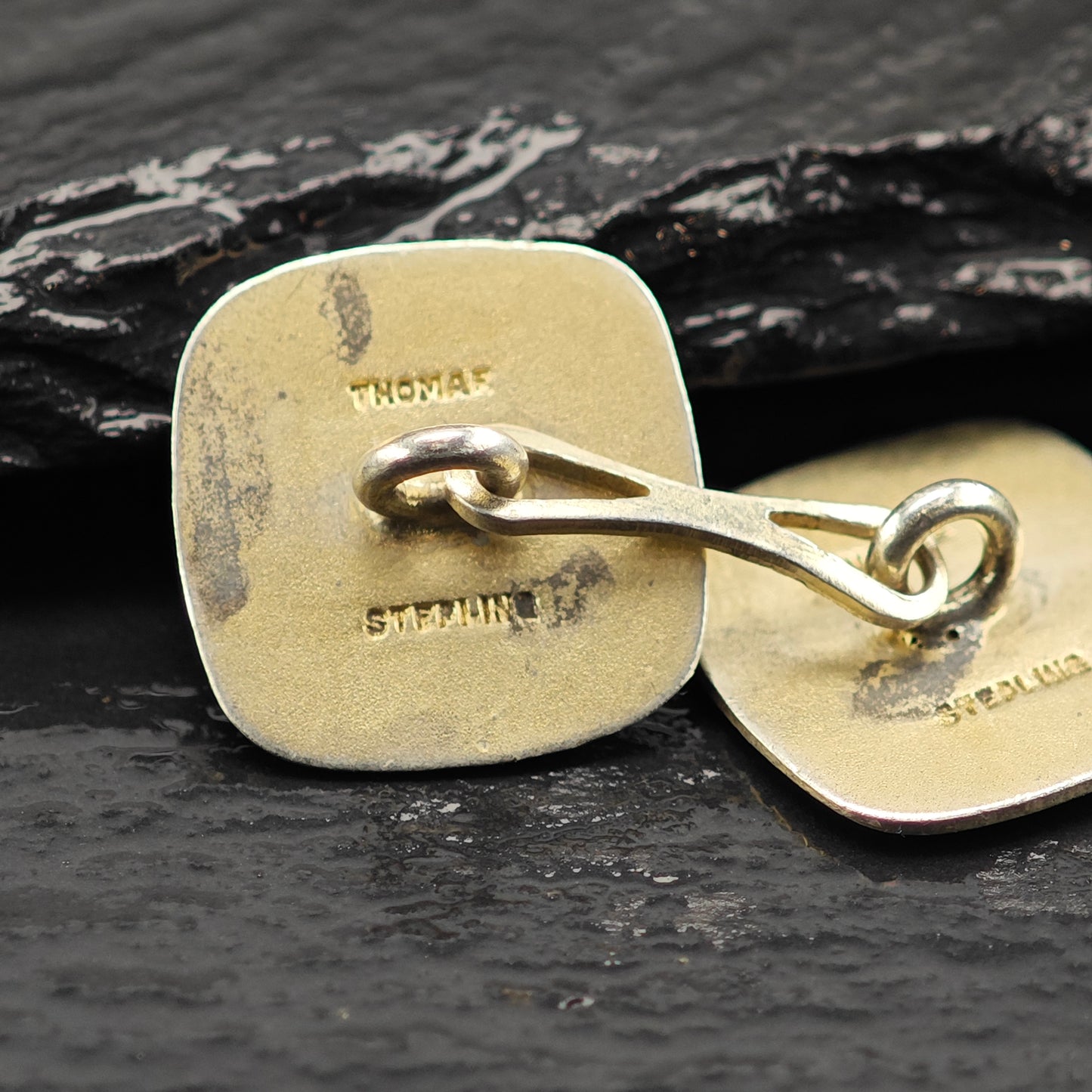 British Green Enamel Square Cufflinks Sterling Silver Gold Gilded MISC0353