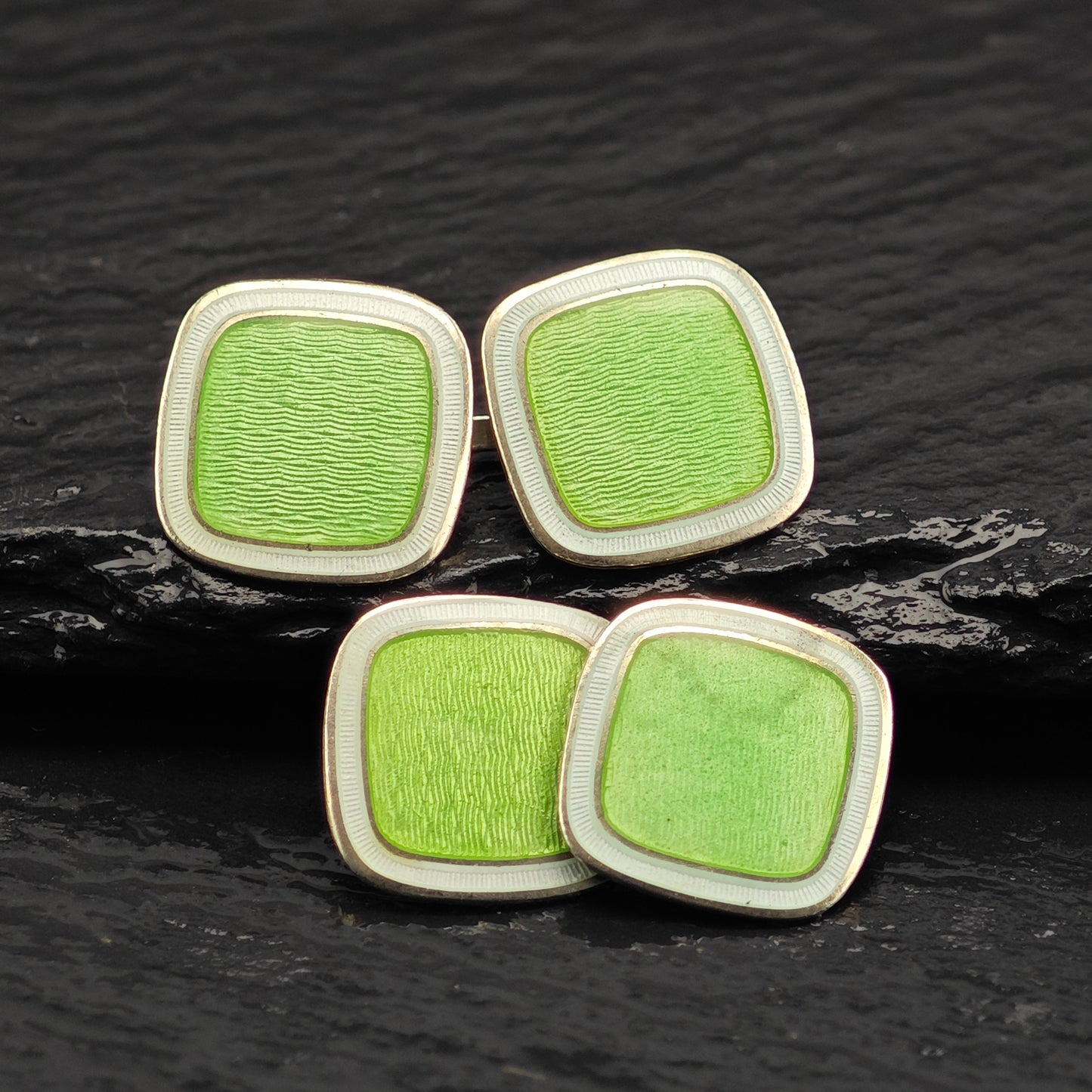 British Green Enamel Square Cufflinks Sterling Silver Gold Gilded MISC0353