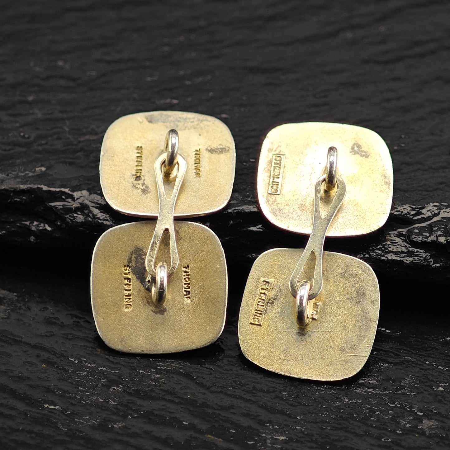 British Green Enamel Square Cufflinks Sterling Silver Gold Gilded MISC0353