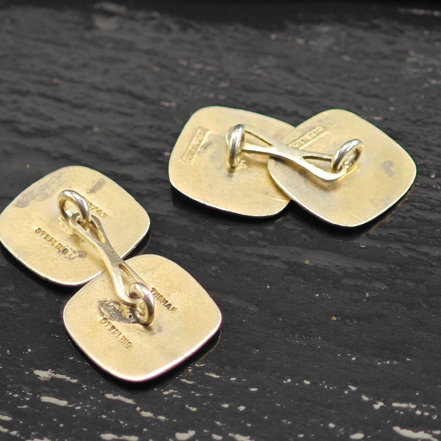 British Green Enamel Square Cufflinks Sterling Silver Gold Gilded MISC0353