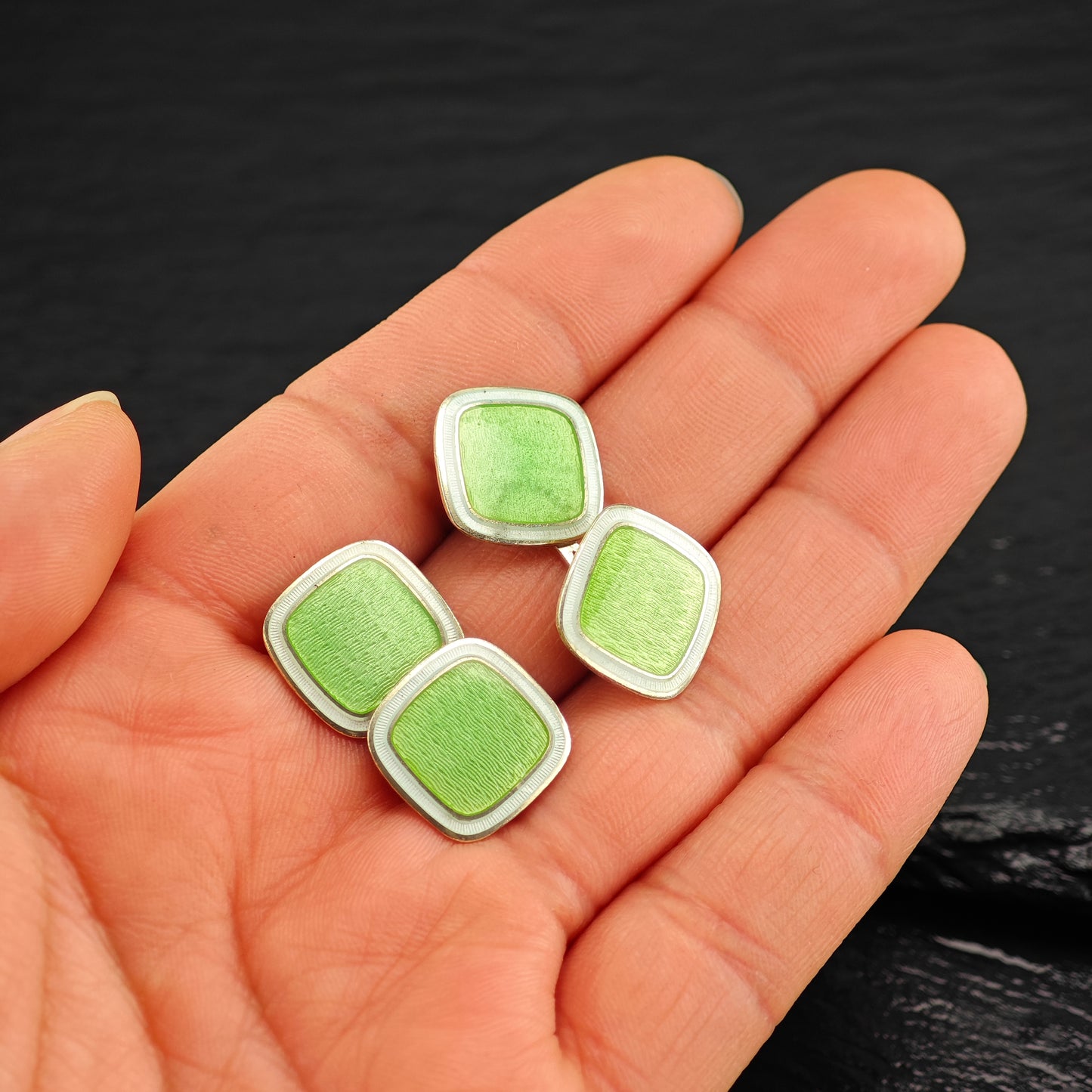 British Green Enamel Square Cufflinks Sterling Silver Gold Gilded MISC0353